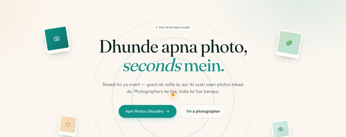 ApnaPixlo preview build: the guest landing screen, where somebody at an event takes a selfie to find their own photos